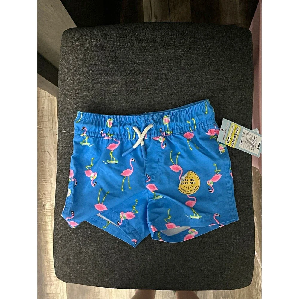 Cat & Jack Baby Boys Swim Trunks Bottom 12M Blue Pink Flamingo Drawstring